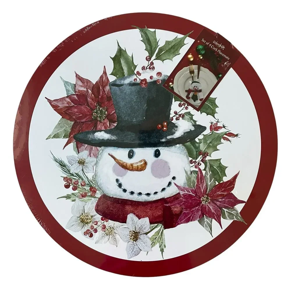 Christmas Cork Backed Hard Placemats 15in Holiday Snowman & Poinsettia 4pc New